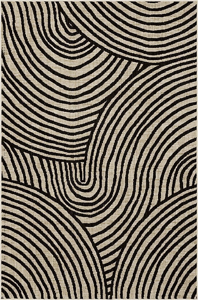 a black and white rug with wavy lines