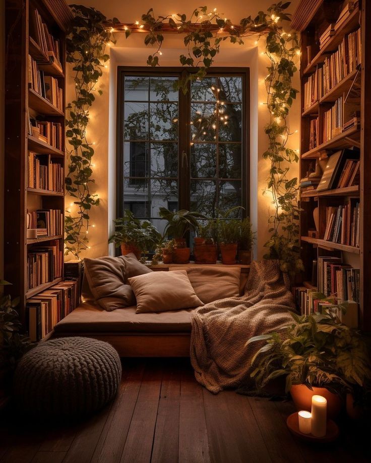 a living room filled with lots of books and plants next to a window covered in lights