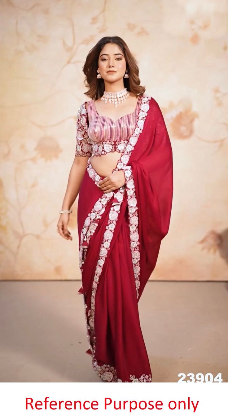 Party wear red saree for women, satin chiffon saree blouse,beautiful wedding saree for bridesmaid,designer saree with sequin embroidery work Product Details : 1) Saree Details : Saree Color : Red Saree Length : 5.50 Meter Saree Work :  Beautiful Sequins embroidery work Saree Fabric : Satin Chiffon 2) Blouse Details : (semi - stitched)  Blouse Color : Matching Blouse Length : 0.8 Meter Blouse Work : Sequence embroidery work Blouse Fabric :  heavy banglori (Stitched for the  40 size + 4 inch margi Saree For Bridesmaid, Chiffon Saree Blouse, Embroidery Work Saree, Embroidery Work Blouse, Saree Work, Sequence Embroidery, Blouse Details, Saree For Women, Sequin Embroidery