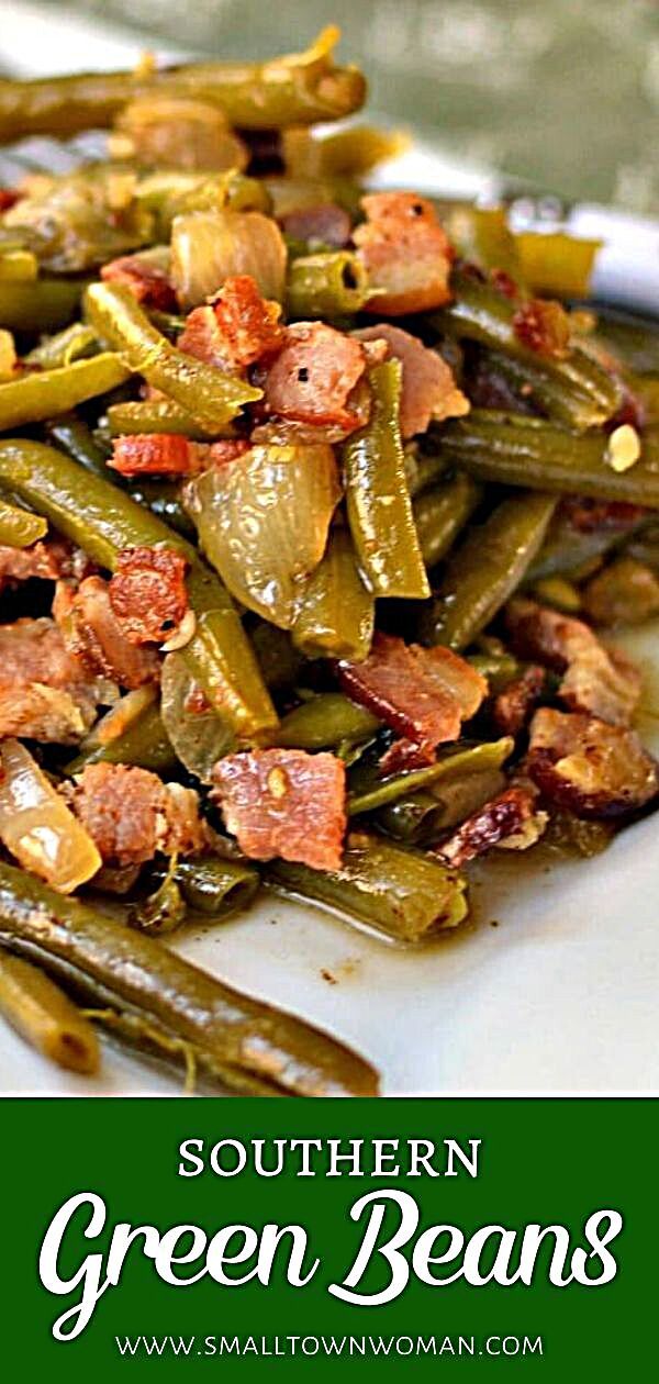 green beans with bacon on top are served on a white plate and the words southern green beans above it