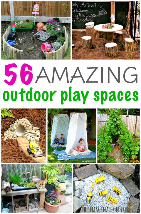 an outdoor play space with various pictures and text that reads, amazing outdoor play spaces