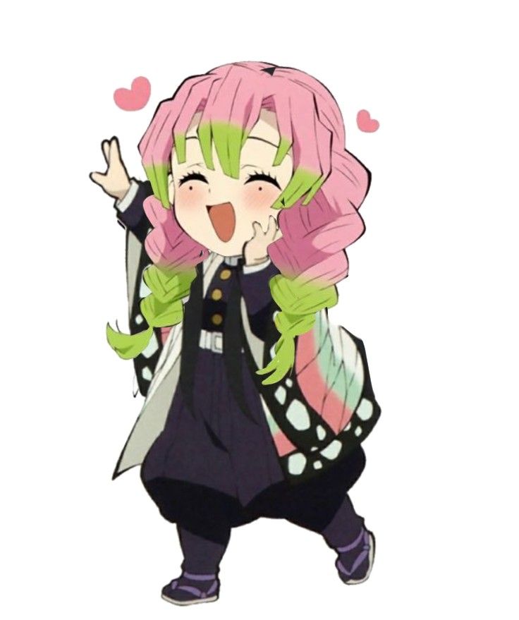 an anime character with pink hair and green eyes, wearing black pants and a polka dot shirt