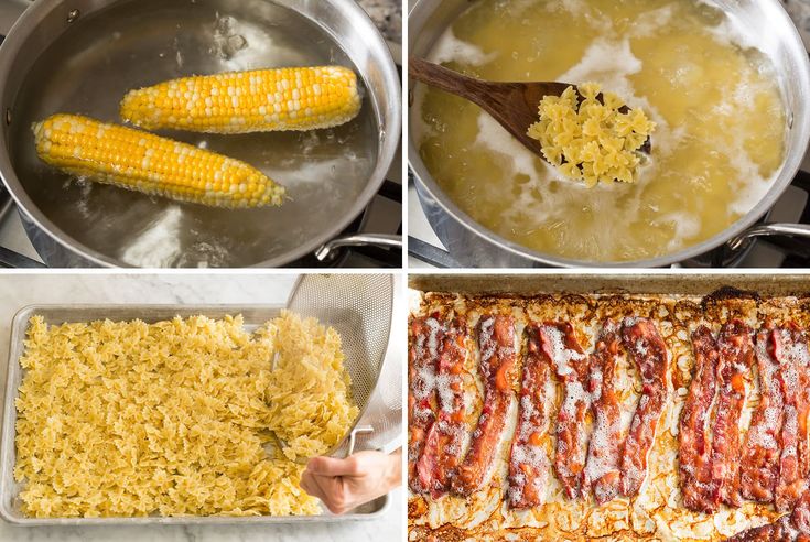 four pictures show how to make corn on the cob and then cook it in an oven