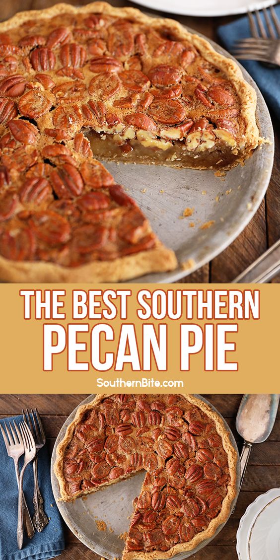 the best southern pecan pie recipe is shown on a plate with a slice missing from it