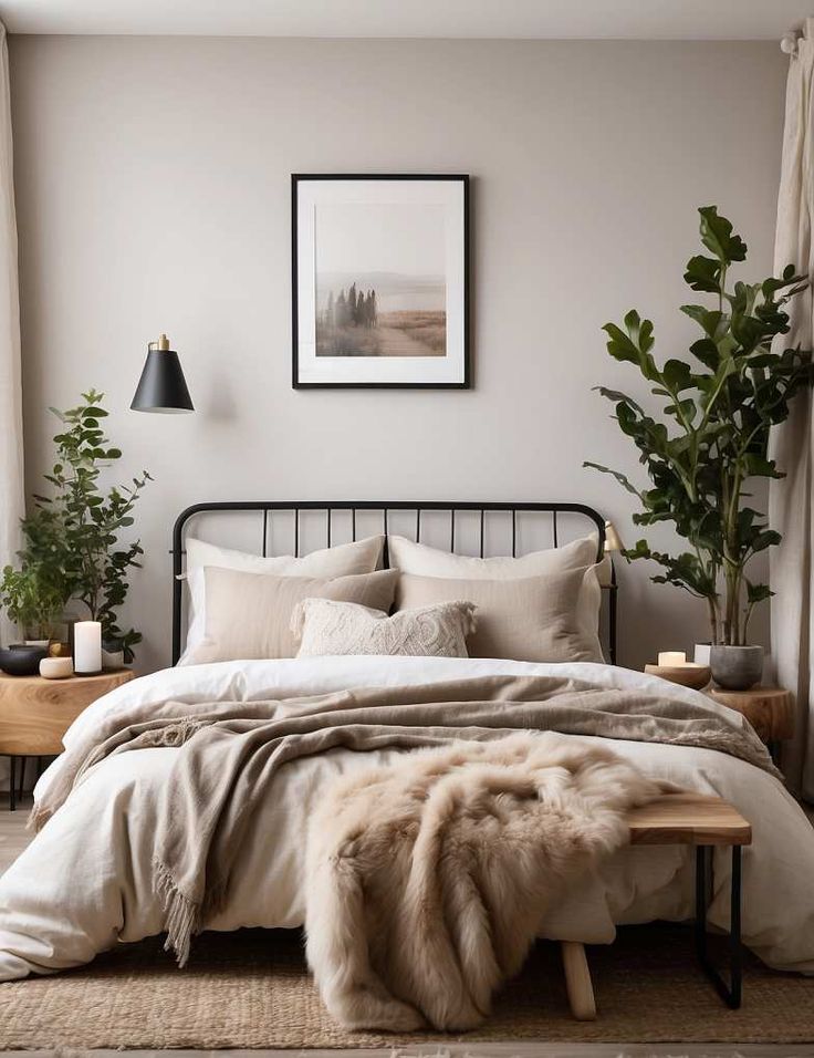 a bedroom with a bed, plants and pictures on the wall