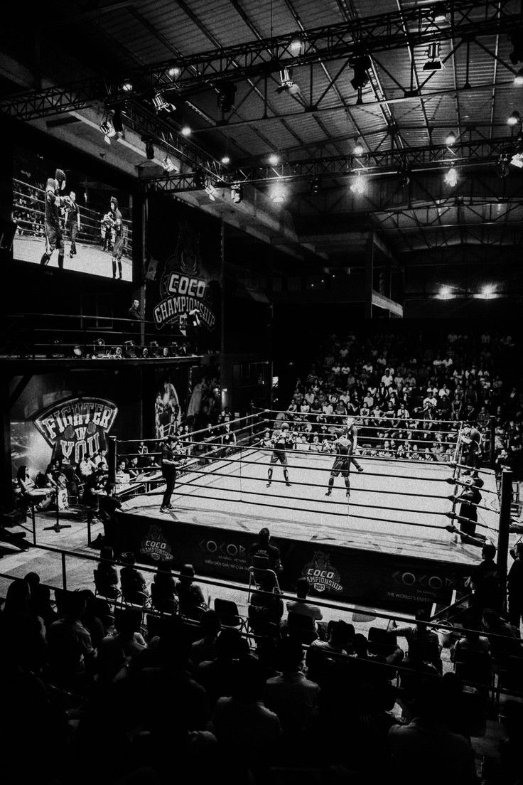 a boxing match is being played in an indoor arena