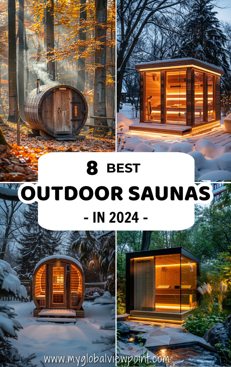 Collage of some of the best outdoor saunas in scenic locations, including snowy forests and lush greenery. Outdoor Sauna Kits Backyard, Backyard With Sauna, Spa Outdoor Design, Backyard Sauna Ideas Landscaping, Outdoor Home Sauna, Luxury Sauna Design Interior, Sauna Backyard Ideas, Scandinavian Sauna Outdoor, Sauna Kits Outdoor