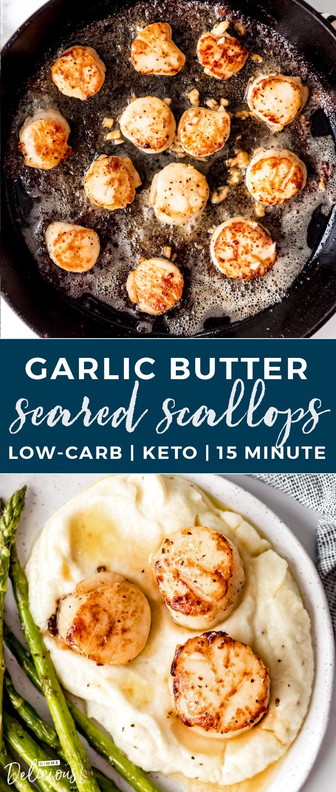 garlic butter seared scallops in a skillet with asparagus and mashed potatoes