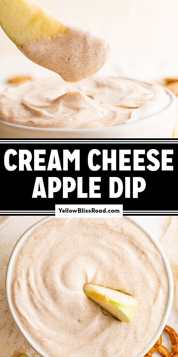 an apple dip in a white bowl with pretzels on the side and text overlay that reads cream cheese apple dip