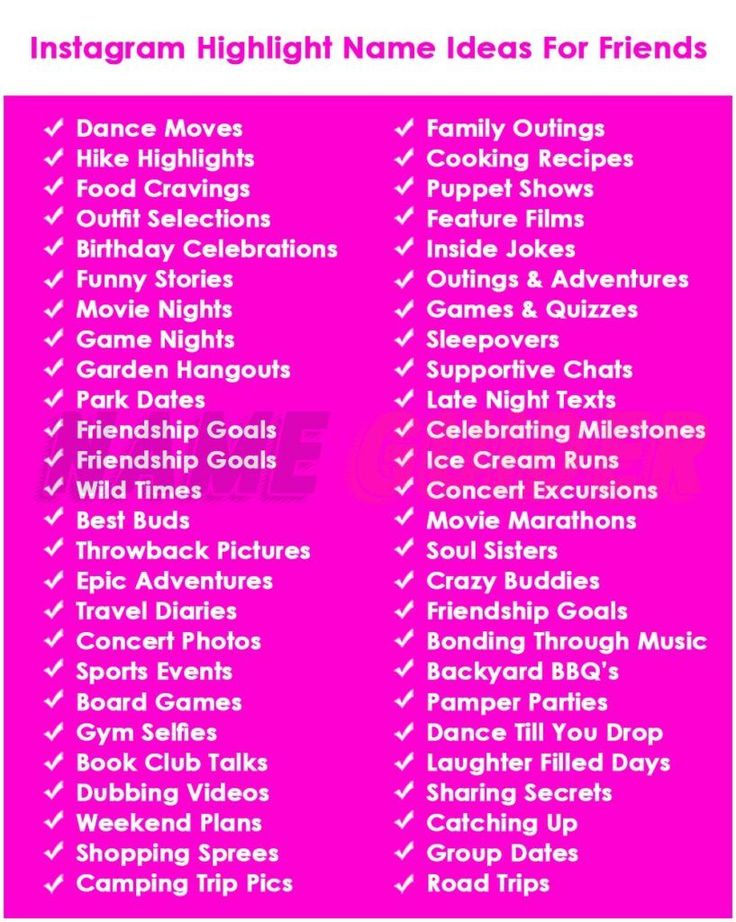 the instagram high school ideas for friends list is shown on a pink background with white lettering