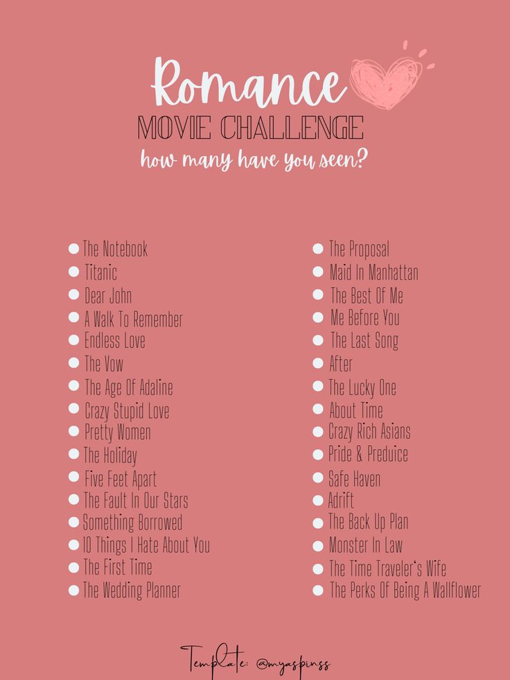 a pink background with the words romance movie challenge and two rows of names on it