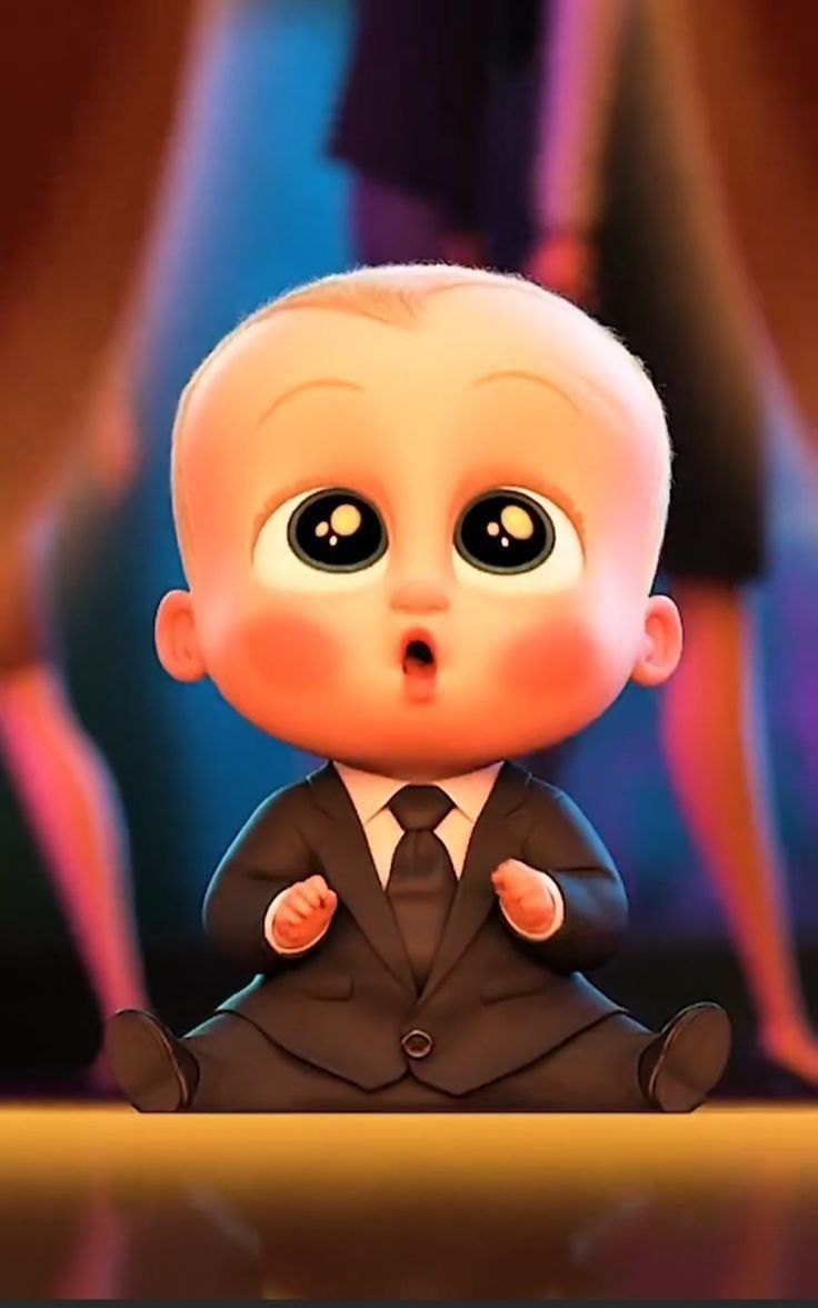 an animated baby doll dressed in a suit and tie sitting on the ground with his eyes wide open