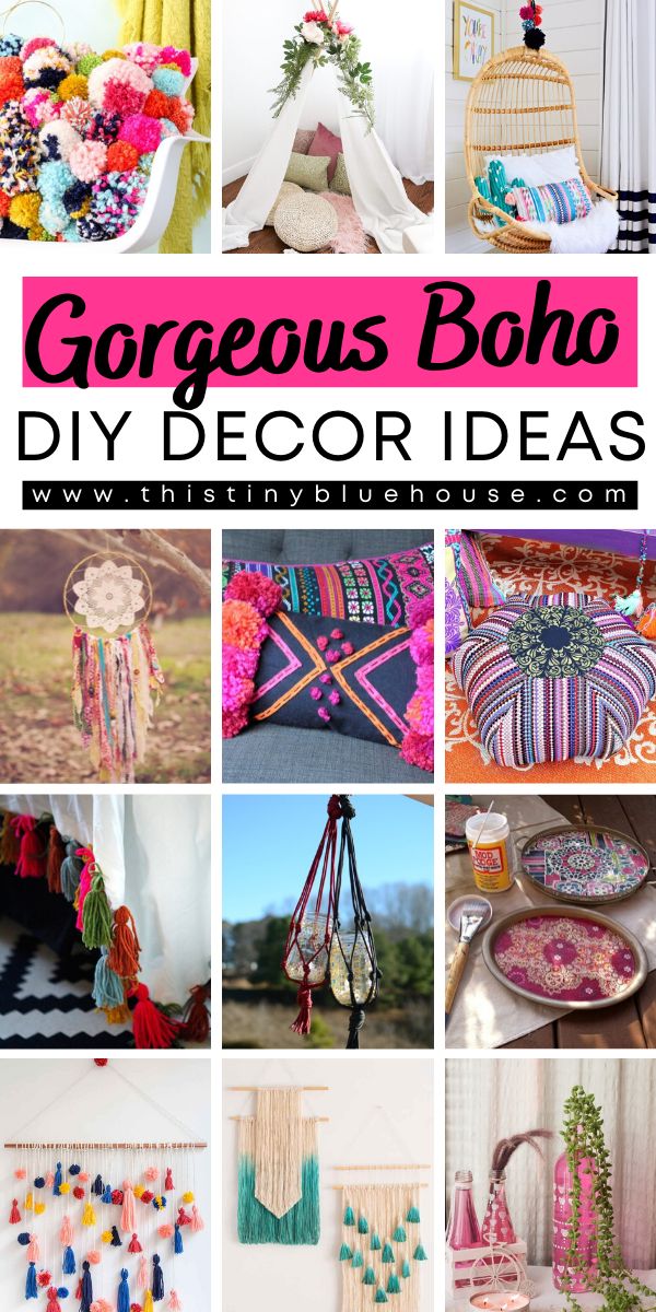 collage of colorful boho decor ideas with text overlay that reads gorgeous boho diy decor ideas