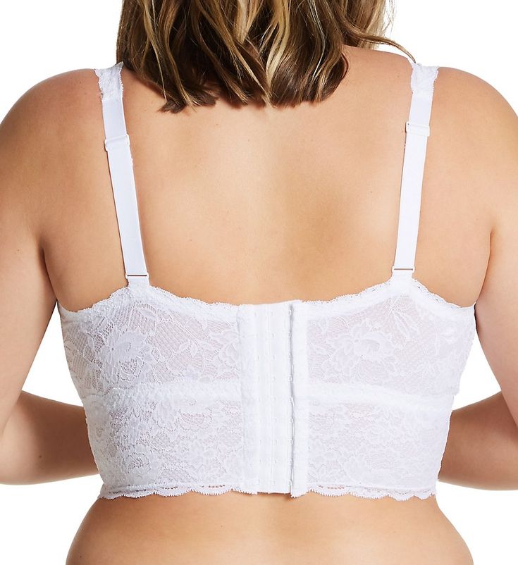 This lovely bralette is fashioned from gorgeous lace with a longline silhouette and a wire-free cup. Designed for those with full busts and a smaller band size. Made from polyamide and elastane. Lace, wireless cups are unlined (unpadded) for comfortable wear. A powermesh liner gives added support for full busts. Cups have angled seaming for shape and a double layer power mesh side support sling. Plunge neckline has sewn on elastic at the edge to contain the breasts. Elastic underband holds the f Lace Bands, Lace Side, Never Say Never, Plunge Neckline, Hook And Eye, Stretch Lace, Plunging Neckline, Long A Line, Double Layer