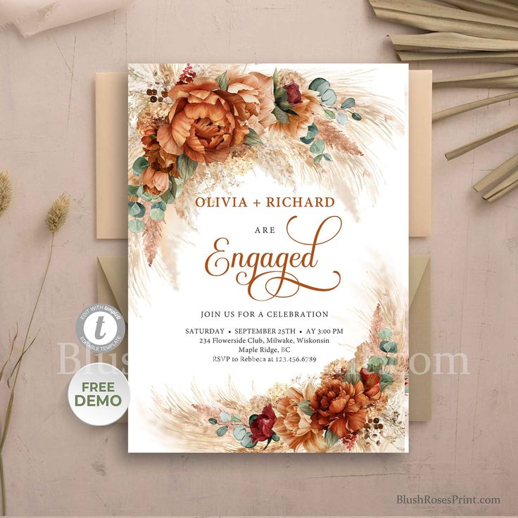 wedding card with flowers and feathers on it