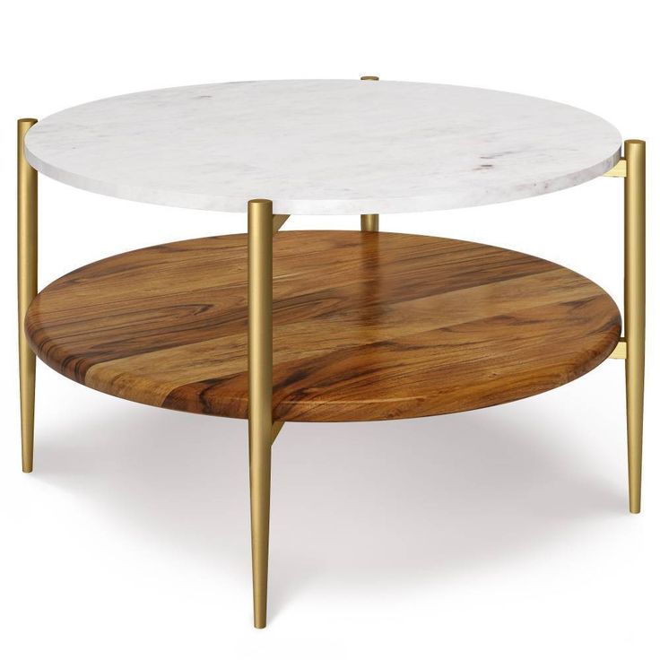 a white marble top coffee table with gold legs and a wooden tray on the bottom