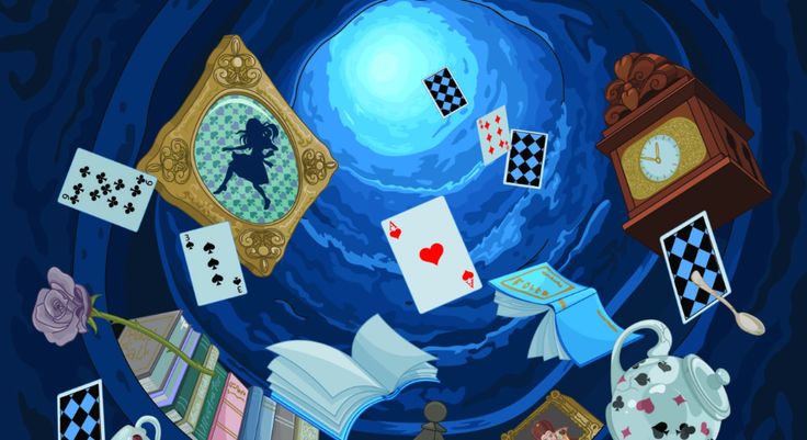 an artistic painting of playing cards and clocks on a blue background with the earth in the middle