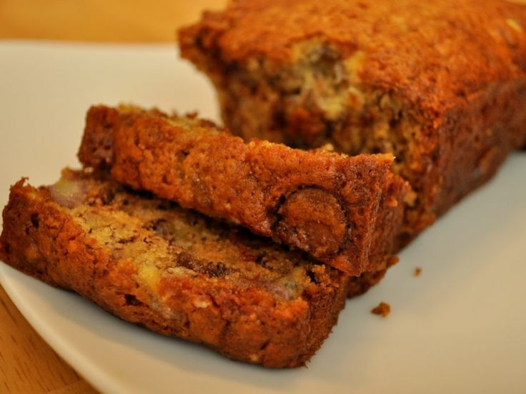 two slices of banana bread on a white plate