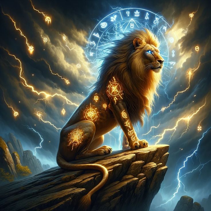 a lion sitting on top of a rock with lightning in the sky behind it and an astro sign above its head