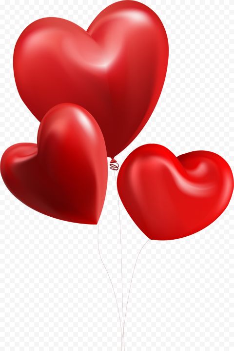 three red heart shaped balloons flying in the air, on a transparent background png clipart