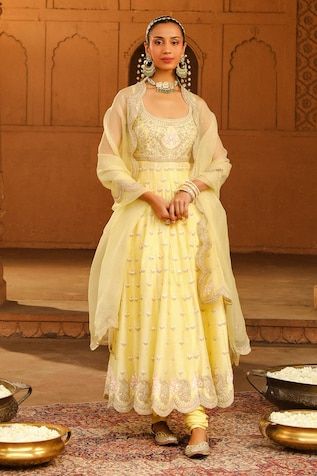 Lemon yellow silk chanderi anarkali with kashmiri tilla and parsi gara embroidery. Comes with glazed cotton churidar and a silk organza dupatta. - Aza Fashions Parsi Gara Embroidery, Gara Embroidery, Chanderi Anarkali, Chikankari Lehenga, Long Anarkali, Bridal Lehenga Red, Organza Dupatta, Silk Dupatta, Silk Organza