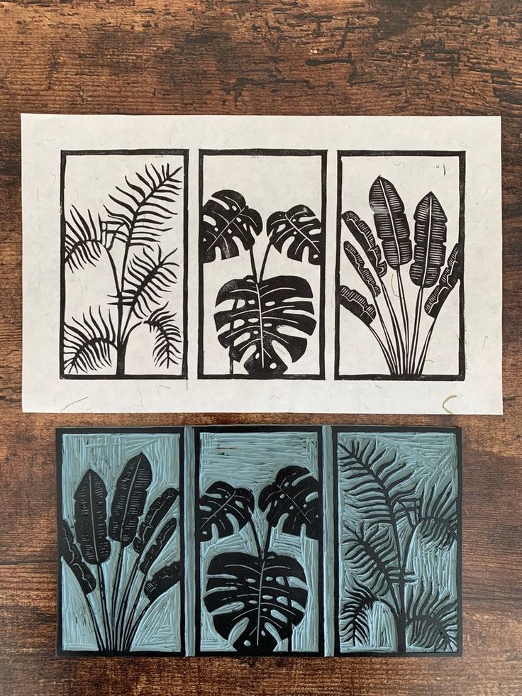 three different types of plants are shown in black and white on a wooden surface, next to each other