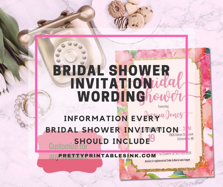 the bridal shower wording is displayed on a marble table with flowers and jewelry