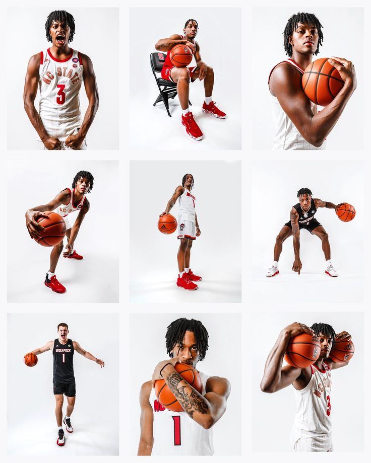 the basketball players are posing for their photos in different poses, including one holding a ball