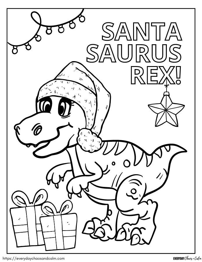 santasauruss rex coloring page for the holiday season with presents and presents on it