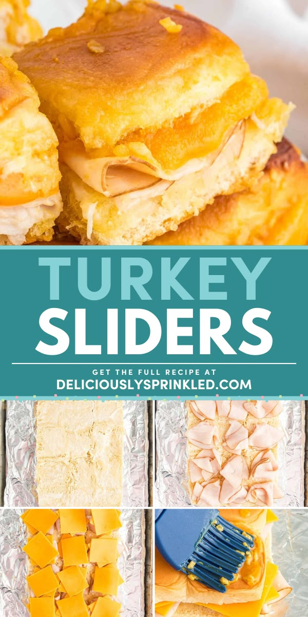 Planning your game day menu? Put these baked turkey and cheese sliders on your Super Bowl party food ideas! They're also an easy New Year appetizer for a crowd. Served on Hawaiian rolls with a buttery glaze, this turkey slider recipe is delicious! Hawaiian Rolls Turkey Sliders, Little Sliders Hawaiian Rolls, Mini Turkey Sliders, Baked Turkey And Cheese Sliders, Potluck Sliders Kings Hawaiian, Deli Turkey Sliders On Hawaiian Rolls, Turkey Club Sliders On Hawaiian Rolls, Easy Slider Recipes Hawaiian Rolls, Turkey And Ham Sliders Hawaiian Rolls