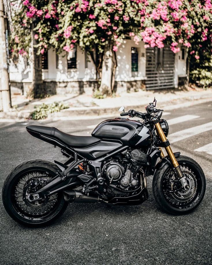 a black motorcycle parked on the street next to some pink bougaia flowers in front of a building