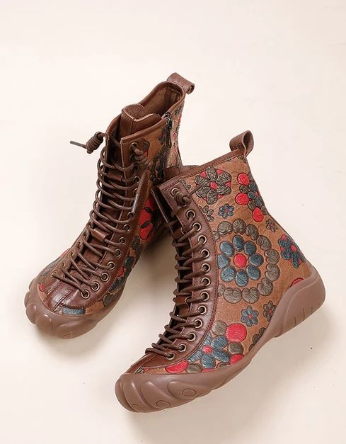 Ethnic Style Lace-up Flower Printed Leather Boots — Obiono Brown Floral Print Boots For Fall, Brown Faux Leather Lace-up Boots For Outdoor, Brown Closed Toe Lace-up Boots For Spring, Brown Lace-up Ankle Boots For Spring, Fall Floral Print Boots With Round Toe, Brown Leather Martin Boots, Bohemian Round Toe Boots With Floral Print, Bohemian Floral Print Round Toe Boots, Brown Faux Leather Lace-up Boots With Flat Heel