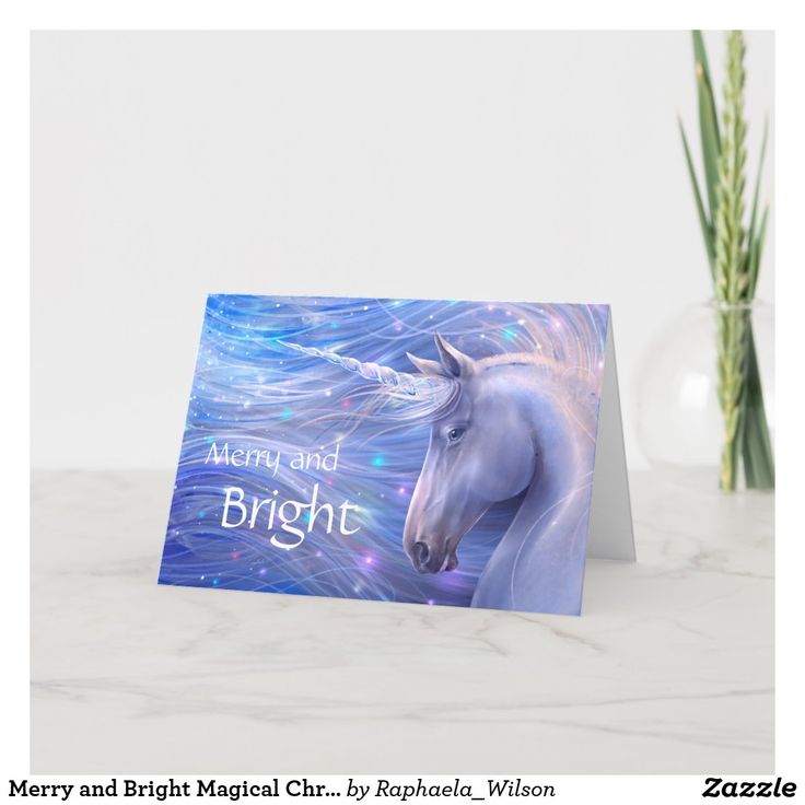 a card with a unicorn on it and the words merry and bright crystal chr