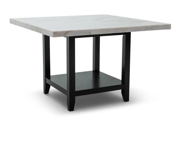 a white table with black legs and a marble top on an isolated surface, viewed from the front