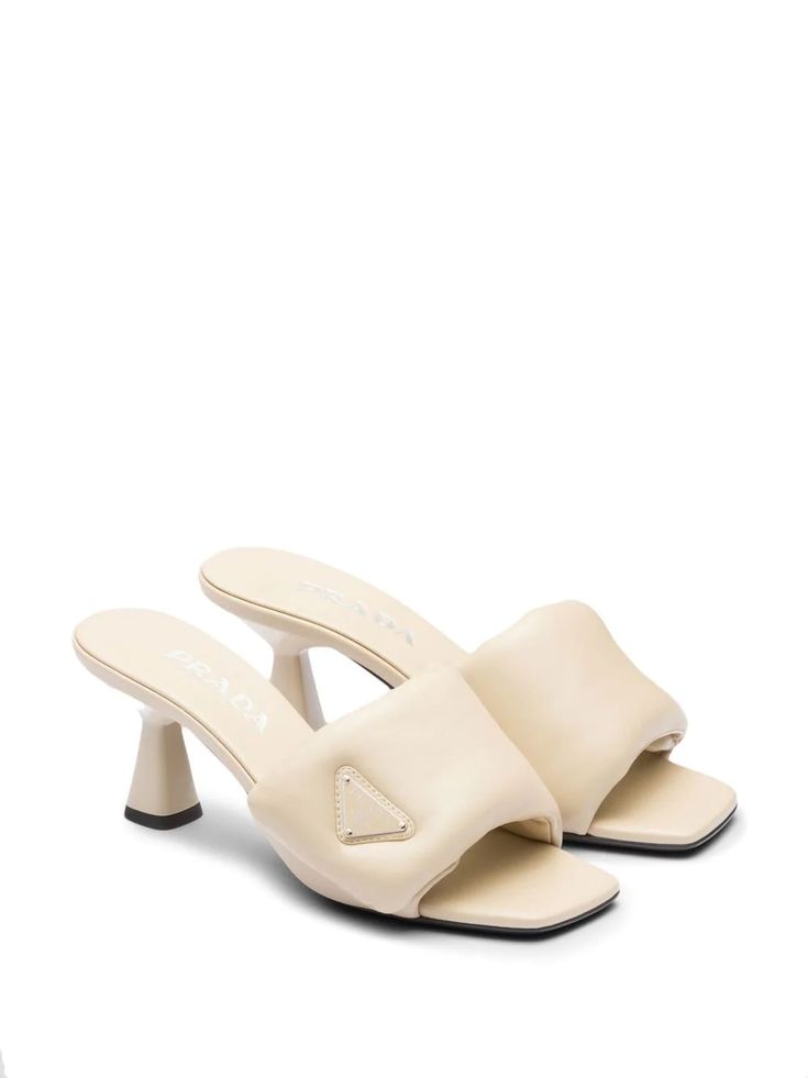 Prada logo-plaque Padded Mules - Farfetch Shoes Room, Prada Mules, Padded Sandals, Luxury Slippers, Design Triangle, Baddie Vibes, Shoe Room, Prada Sandals, Shoes Heels Classy