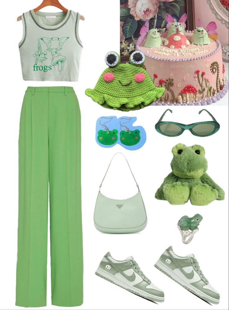 Frog Fashion Aesthetic, Kawaii Frog Outfit, Froggy Outfit Aesthetic, Green Kidcore Outfit, Frog Clothes Aesthetic, Frog Core Outfit, Frogcore Aesthetic Outfits, Cute Frog Outfits, Keroppi Outfit Ideas