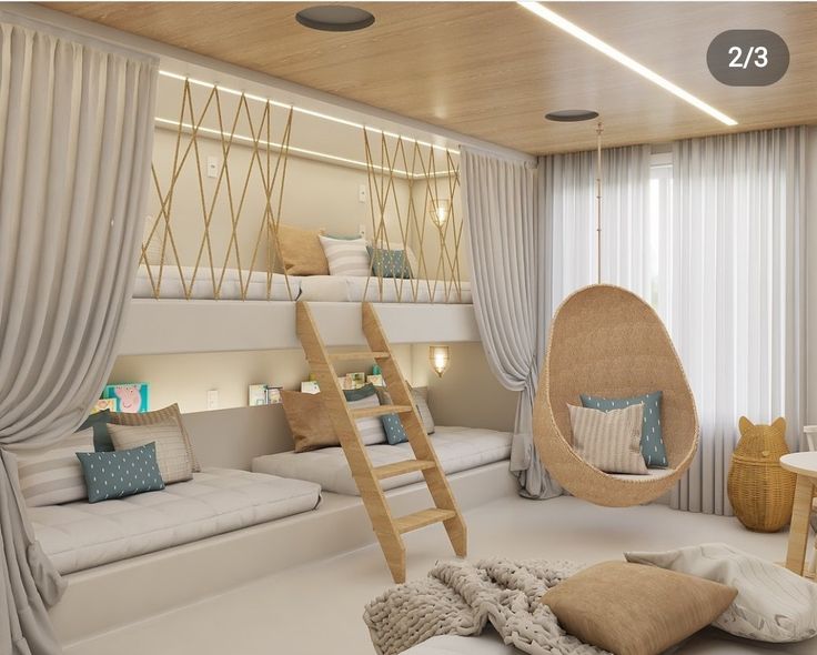 a room with bunk beds, chairs and a ladder in it's center area