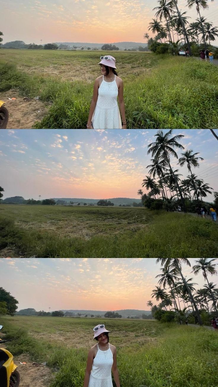 the woman is posing for pictures in front of some palm trees and water at sunset