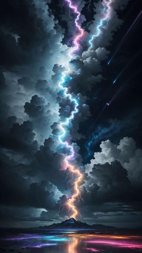 the sky is filled with colorful lightnings as it moves through the dark cloudy clouds