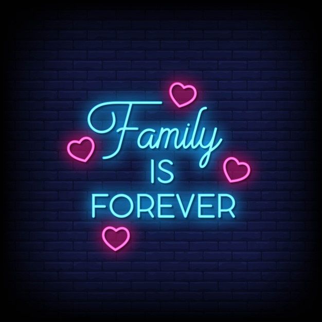 a neon sign that says family is forever with hearts in the center on a brick wall