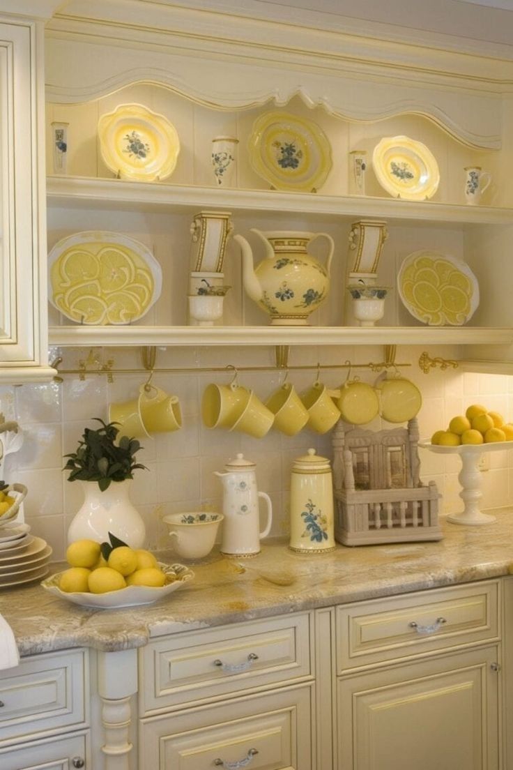 a kitchen with yellow dishes and lemons on the counter top, along with white cabinets