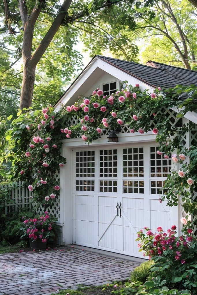 a white shed with pink roses growing on it's roof and doors, along with brick walkway