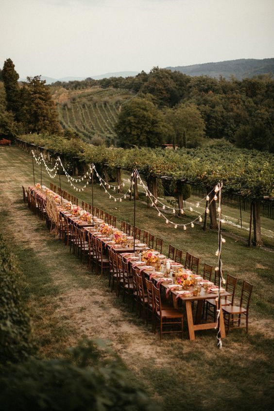 a long table set up in the middle of a field with string lights strung across it