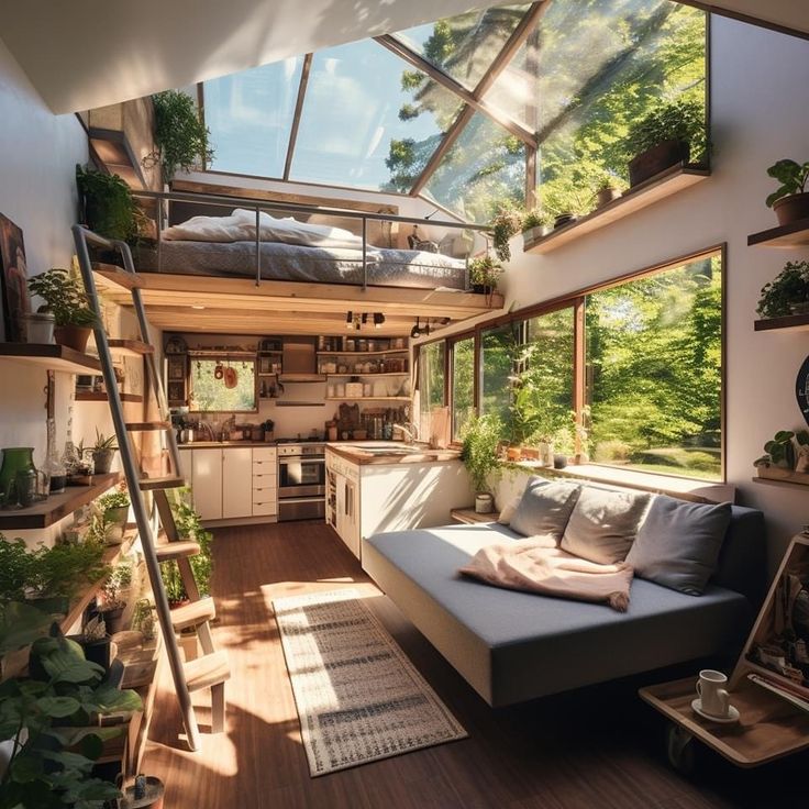 a living room filled with furniture and lots of plants on the wall next to it