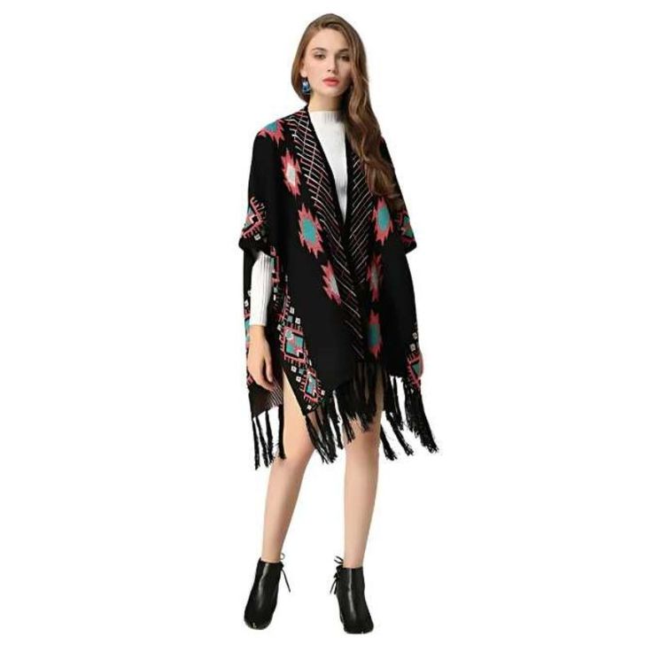 The Cardigan Poncho is handmade. The wool provides warmth, and the unique bat sleeve design adds a touch of bohemian flair. Handmade Poncho Cape Color: Black Acrylic Cotton Bohemian, Casual One Size Length: 100cm (39.37 inches Wool Thickness: Fine Style: Hedging Five-Point Sleeve / Middle Sleeve Popular Elements: Tassel Gender: Female Age: Adult Brand Name: NoEnName_Null Product ID: CJNSFSWJ00189 Note: Since this product is handmade, the size may vary by 2-3 cm. Disclaimer: Actual colors may var Bohemian Winter Cardigan, Bohemian Winter Sweater With Tassels, Bohemian Fringe Winter Cardigan, Bohemian Spring Sweater With Fringe, Oversized Bohemian Outerwear With Fringe, Bohemian Fringe Sweater For Spring, Black One-size Beach Cardigan, Black Bohemian Long Sleeve Cardigan, Black Cardigan For Beach In Fall