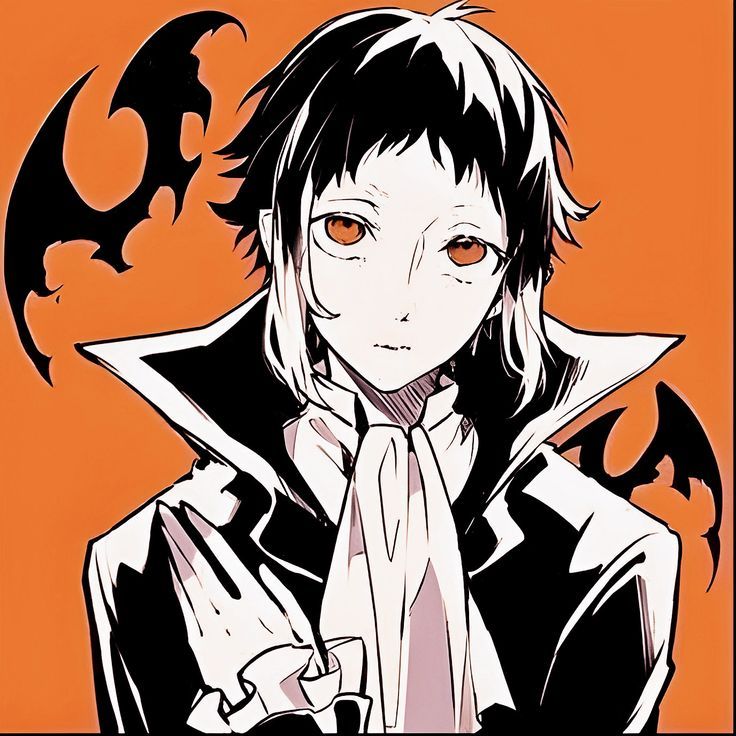 an anime character with orange eyes and black hair, wearing a white collared shirt