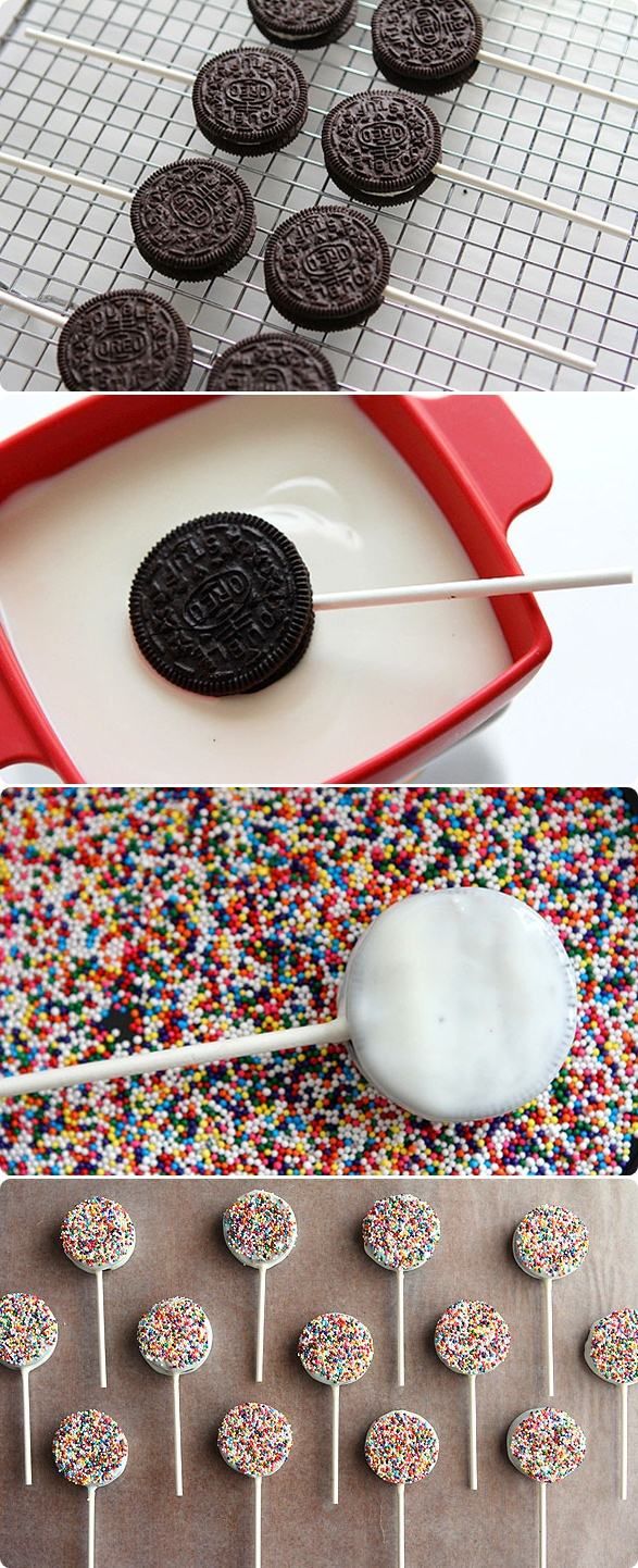 an oreo cookie being dipped with white chocolate and sprinkles