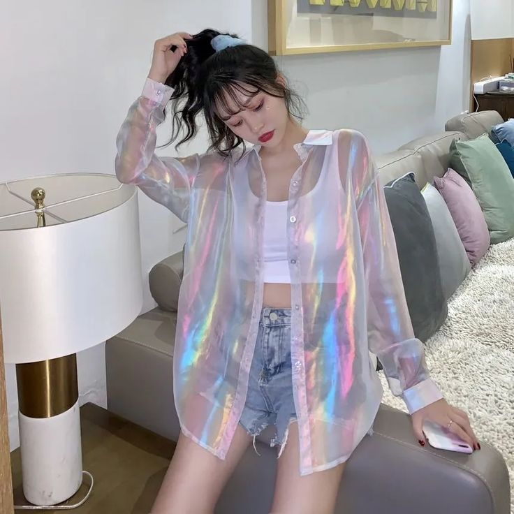 Holographic Shirt, Holographic Fashion, Sunscreen Clothing, Straight Clothes, Mesh Tops, Chic Blouses, Sheer Shirt, Shirts Women, Loose Blouse