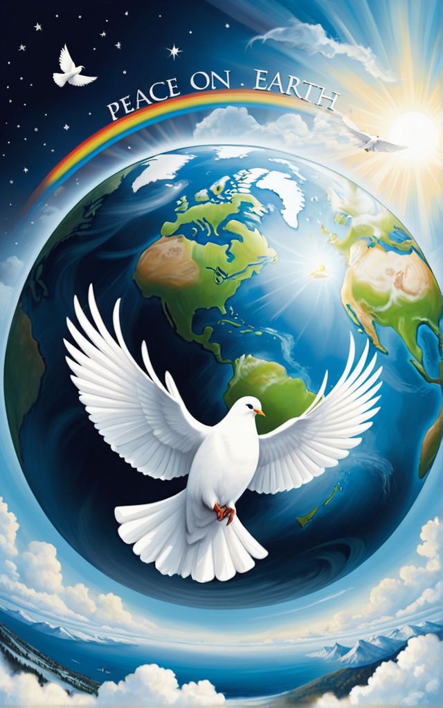 a white dove flying over the earth with a rainbow in the background