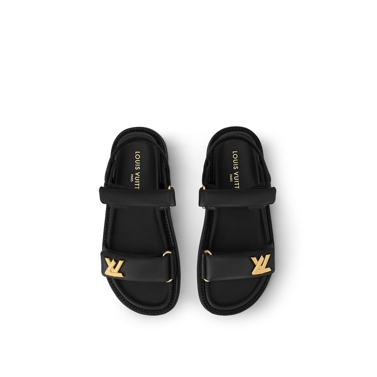 LOUIS VUITTON® - Lv Sunset Platform Comfort Sandal - Black Lv Twist, Sandals Luxury, Louis Vuitton Gifts, Trunk Bag, Model Features, Leather Denim, Louis Vuitton Official, Buckle Shoes, Monogram Bag